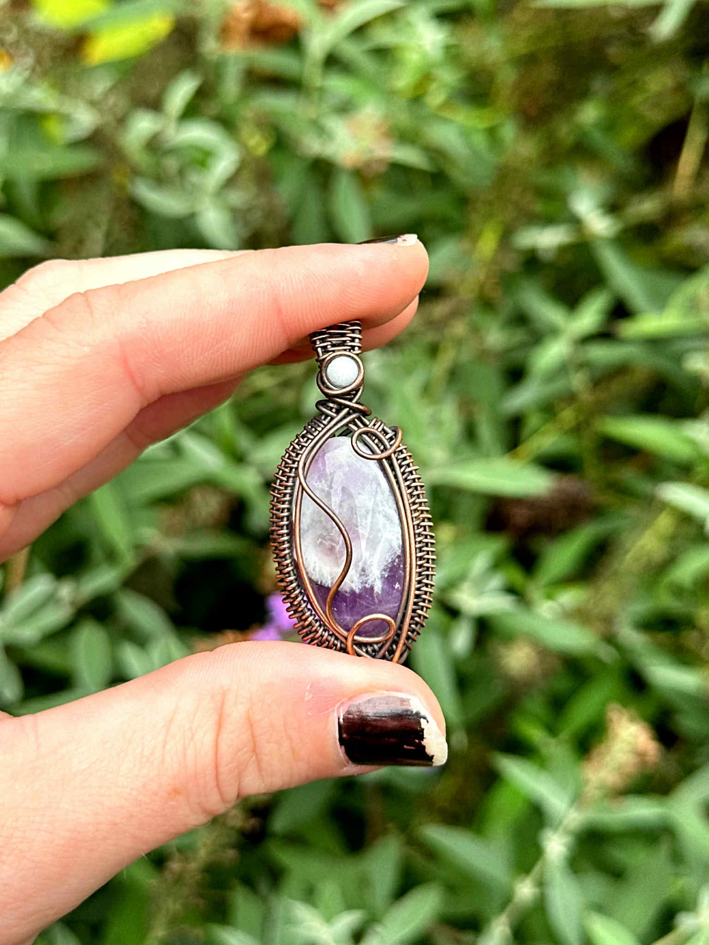 Amethyst Chevron & White Jade Accent Crystal Copper Pendant