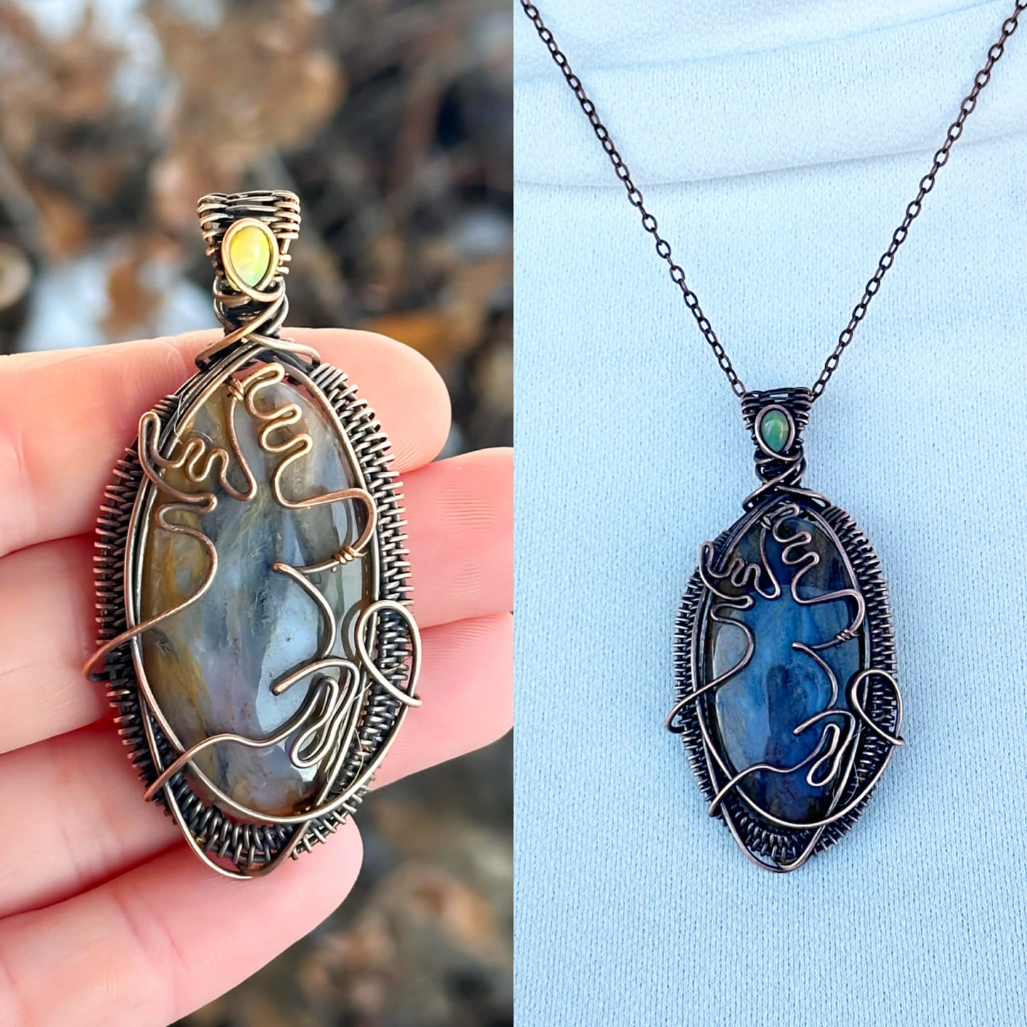 Reindeer Moss Agate & Opal Accent Crystal Copper Pendant