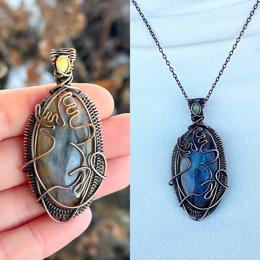 Reindeer Moss Agate & Opal Accent Crystal Copper Pendant