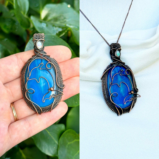 Dolphin Blue Banded Agate Crystal Copper Pendant