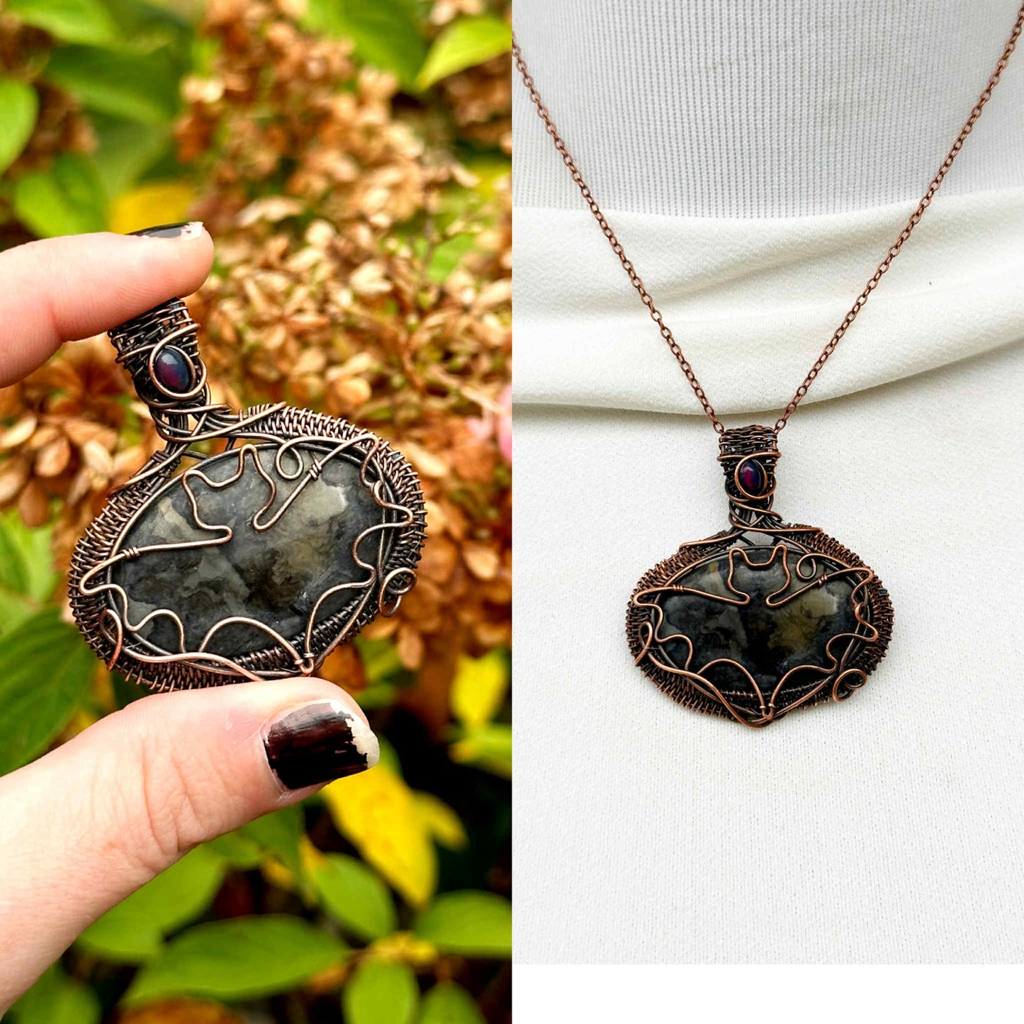Bat Black Cobalt & Black Mexican Opal Crystal Copper Pendant