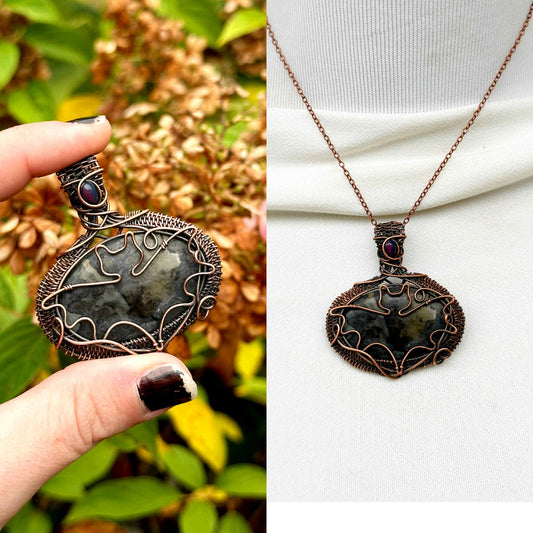 Bat Black Cobalt & Black Mexican Opal Crystal Copper Pendant