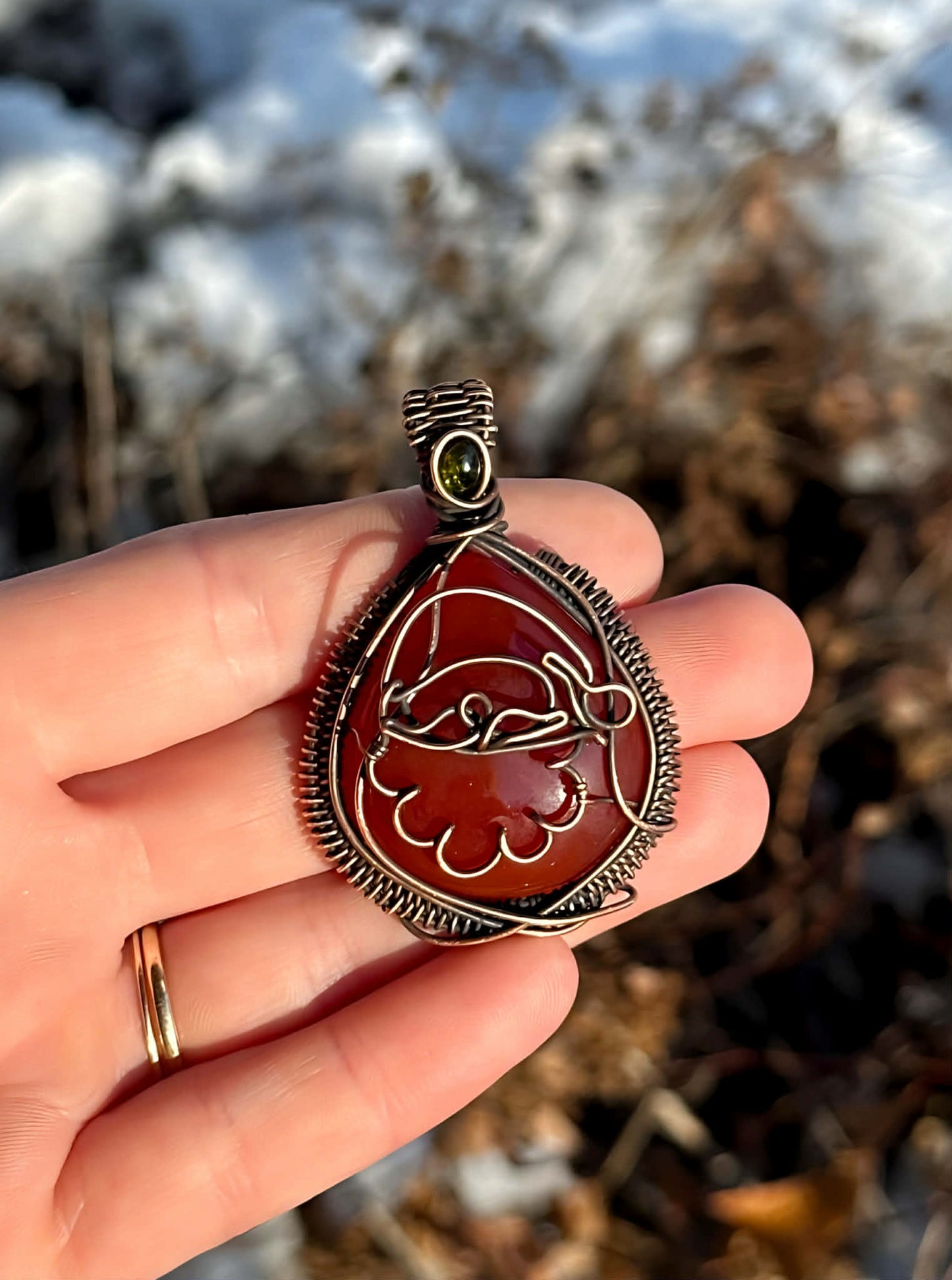 Santa Claus Red Onyx & Green Tourmaline Accent Crystal Copper Pendant