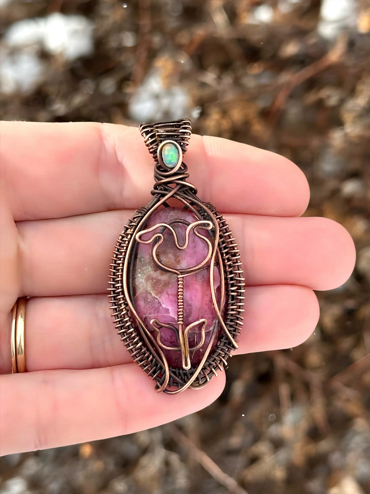 Rose Rhodocrosite & Opal Accent Crystal Copper Pendant