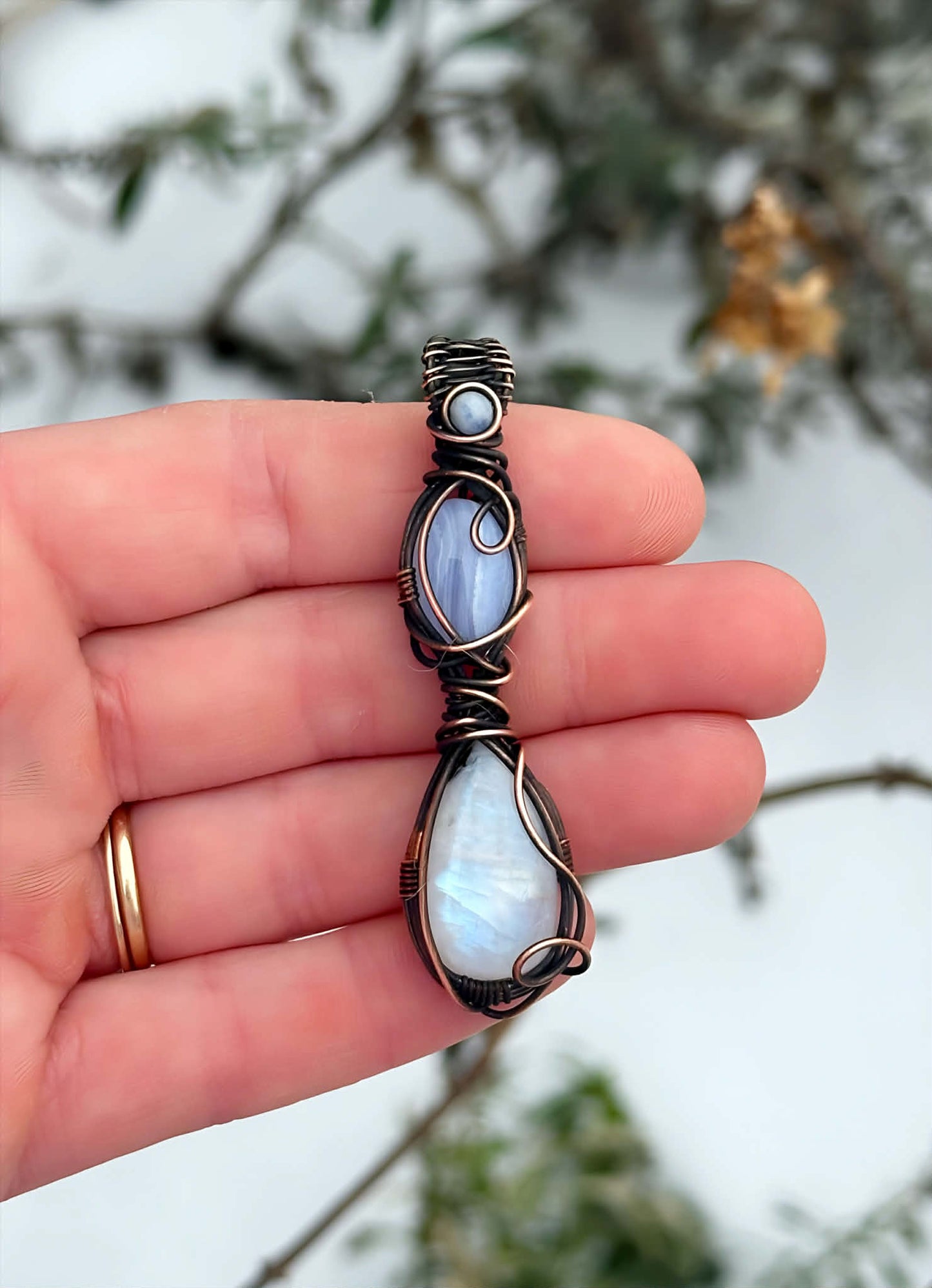 Triple Blue Lace Agate & Rainbow Moonstone with White Jade Accent Crystal Copper Pendant