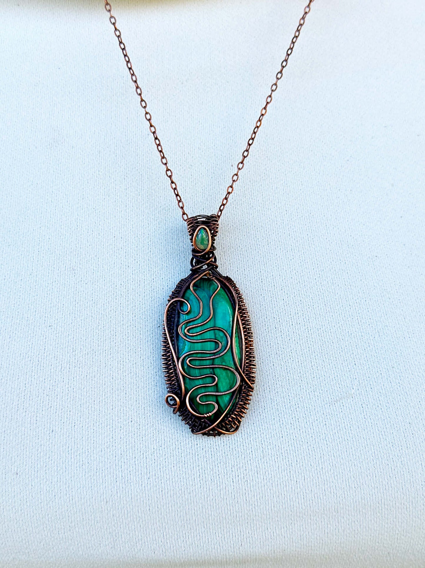 Serpent Malachite & Opal Accent Crystal Copper Pendant
