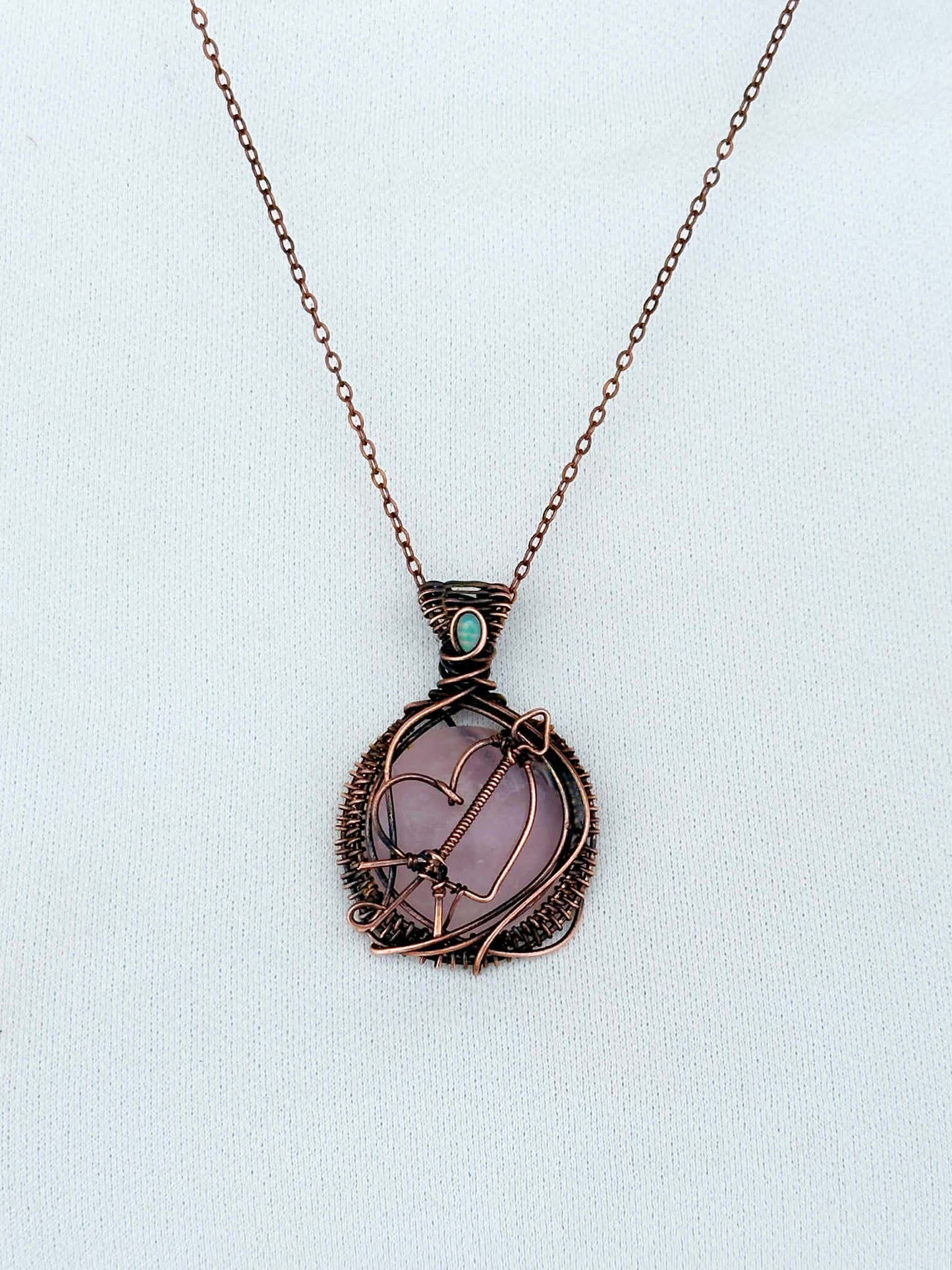 Heart Arrow Symbol Rose Quartz & Opal Accent Crystal Copper Pendant
