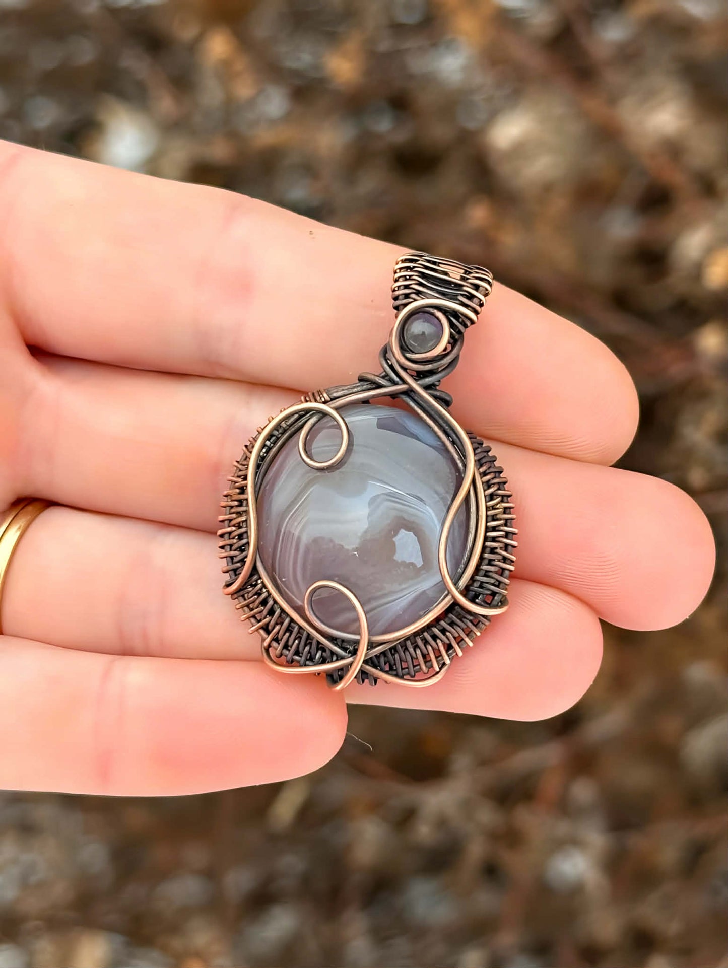 Grey Banded Agate & Clear Quartz Accent Crystal Copper Pendant