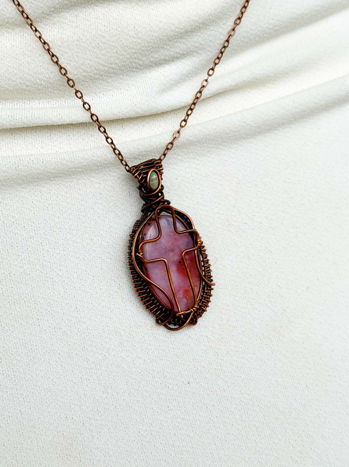 Cross Pink Opal & Opal Accent Crystal Copper Pendant