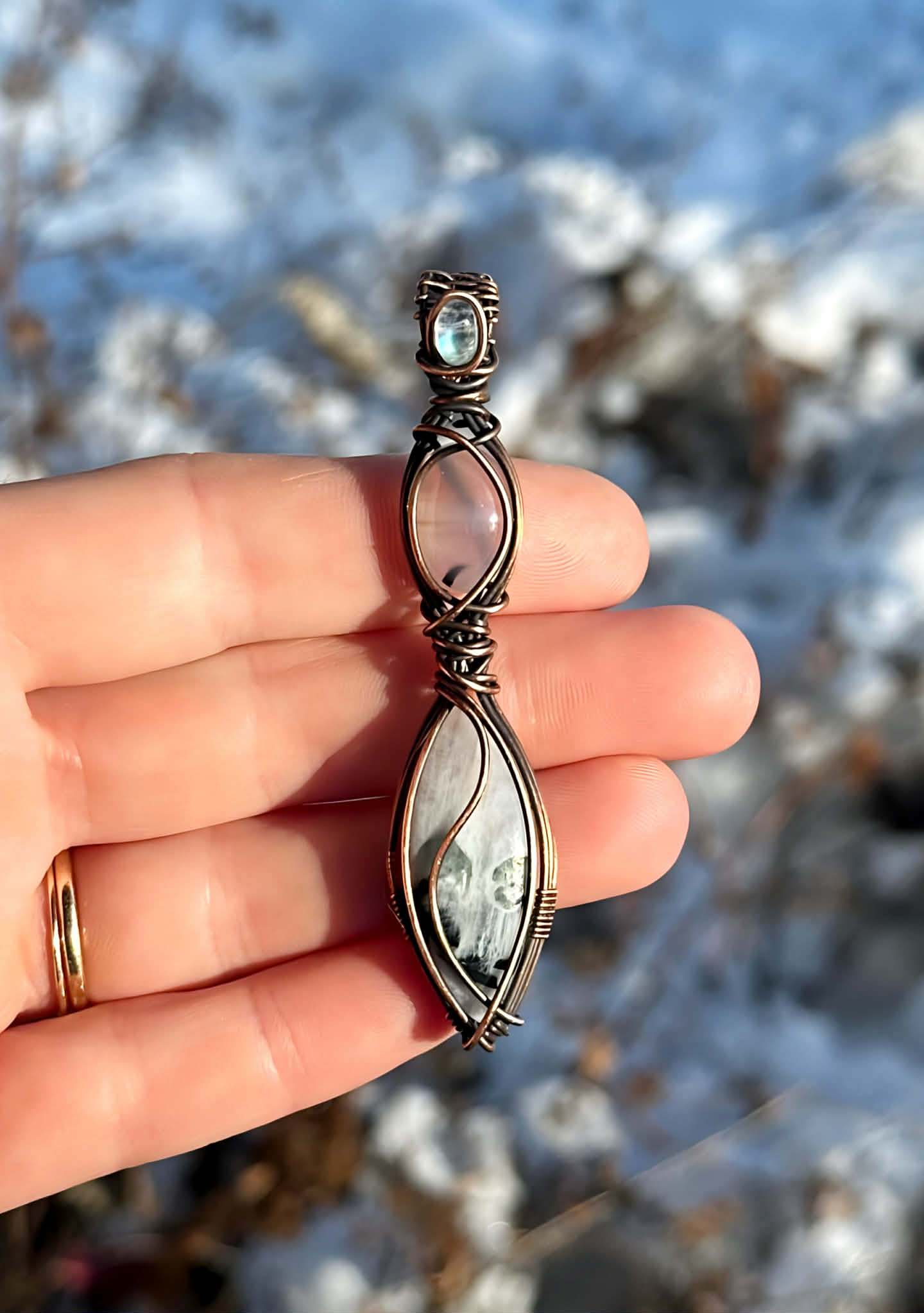 Triple Moonstone Crystal Copper Pendant