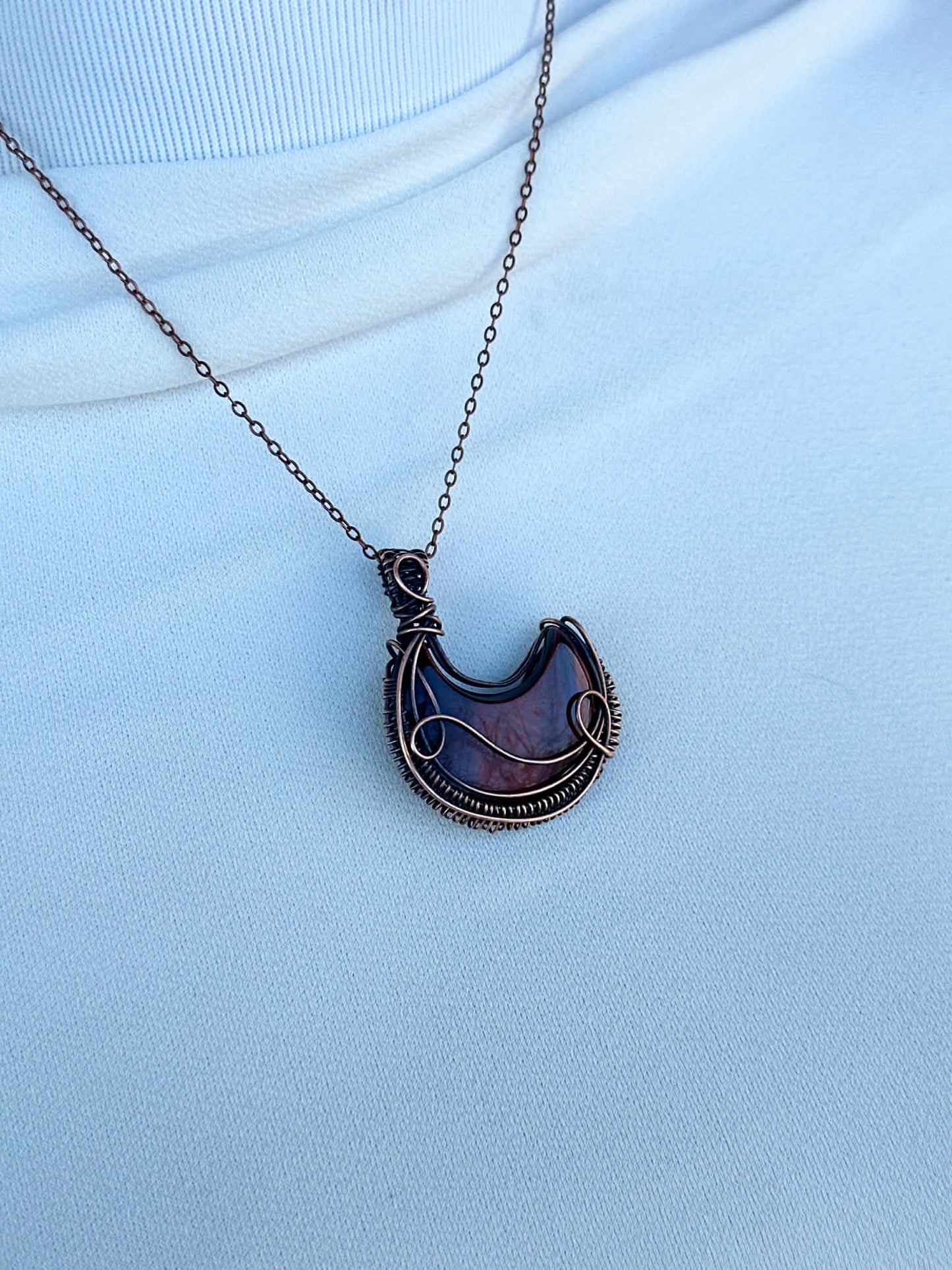 Crescent Moon Red Tigers Eye Crystal Copper Pendant