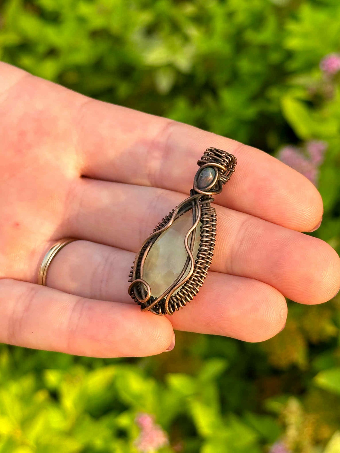 Prehnite & Ethiopian Black Opal Crystal Copper Pendant