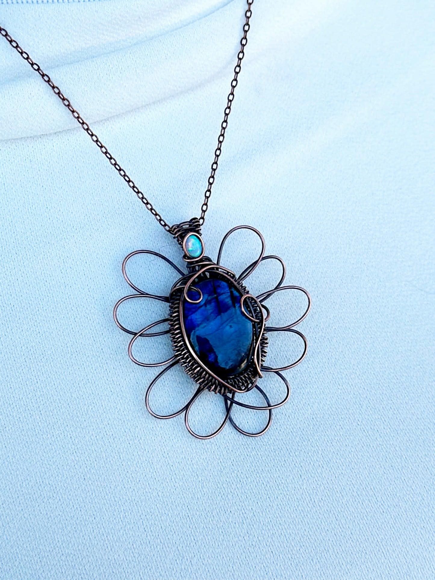 Winter Blue Flax Flower Labradorite & Opal Crystal Copper Pendant