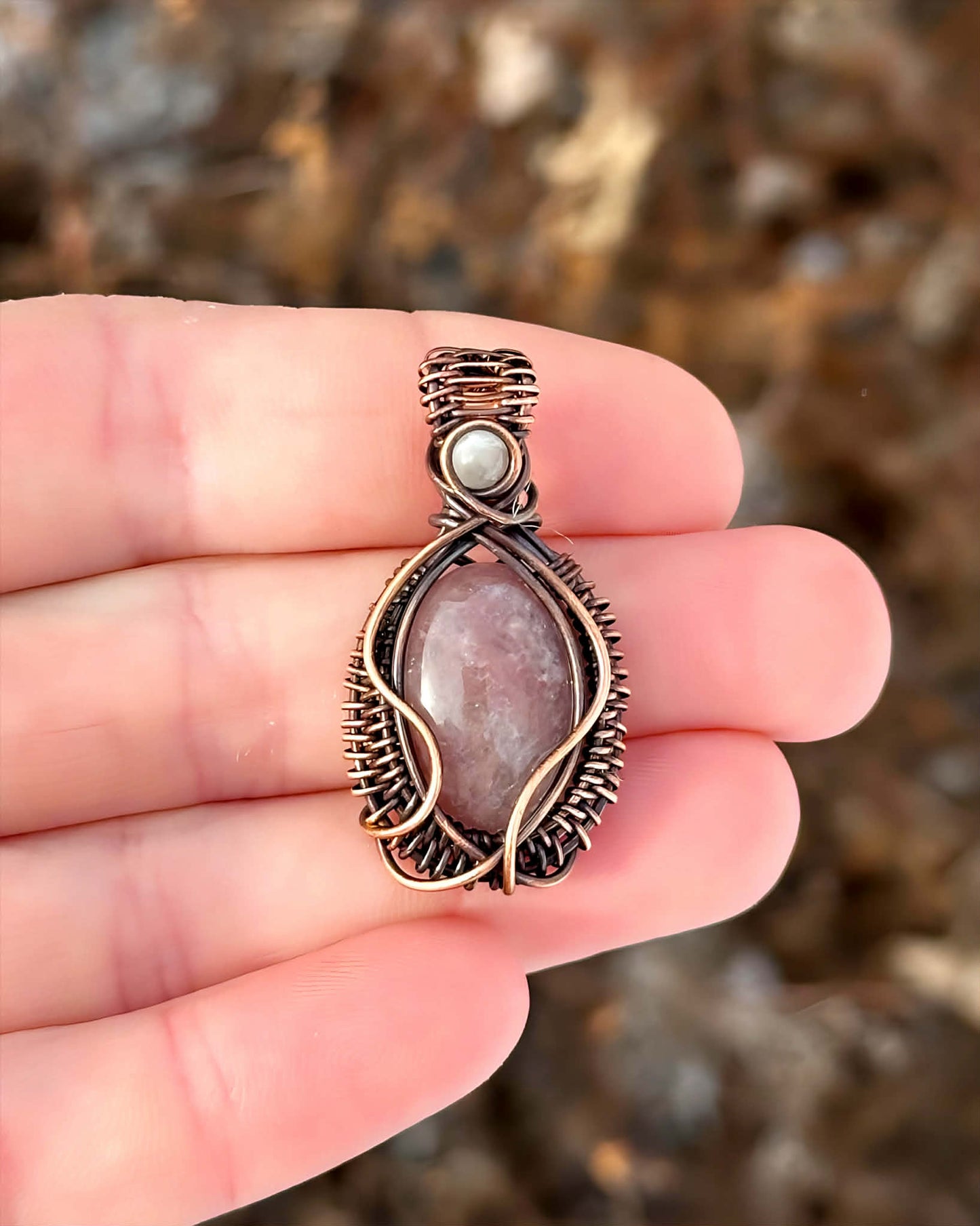 Mini Strawberry Quartz & Clear Quartz Accent Crystal Copper Pendant