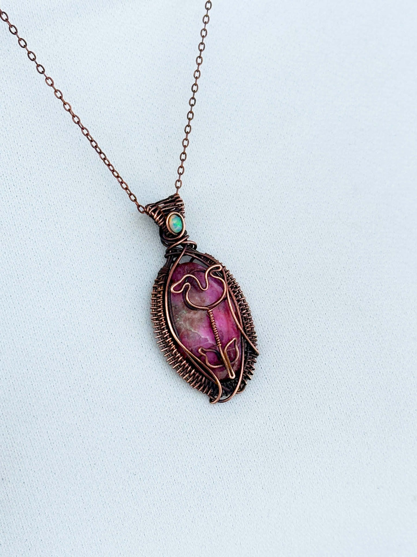 Rose Rhodocrosite & Opal Accent Crystal Copper Pendant