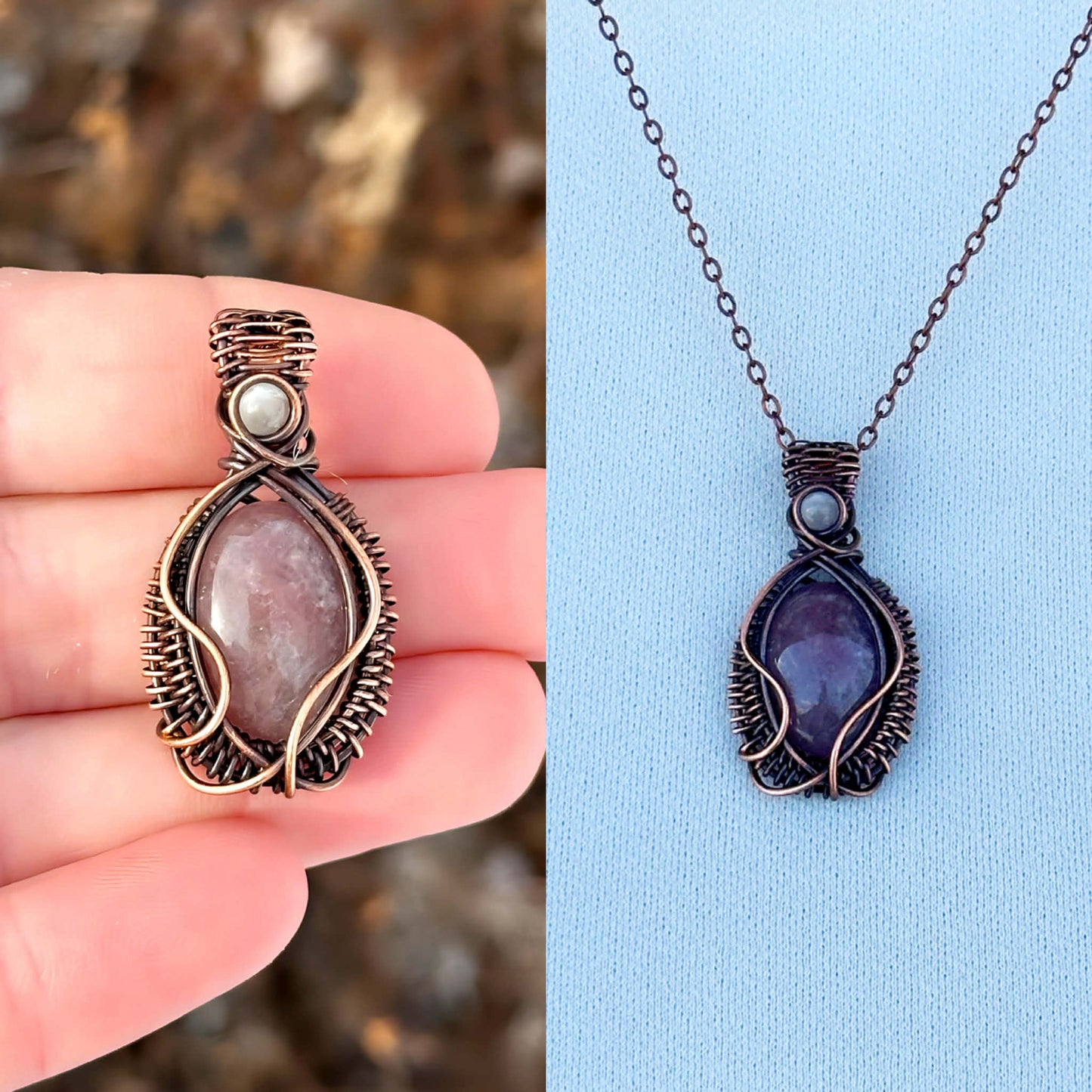 Mini Strawberry Quartz & Clear Quartz Accent Crystal Copper Pendant