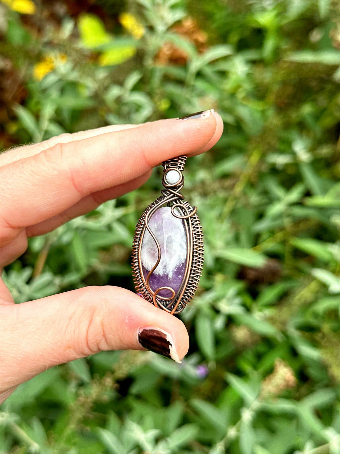 Amethyst Chevron & White Jade Accent Crystal Copper Pendant