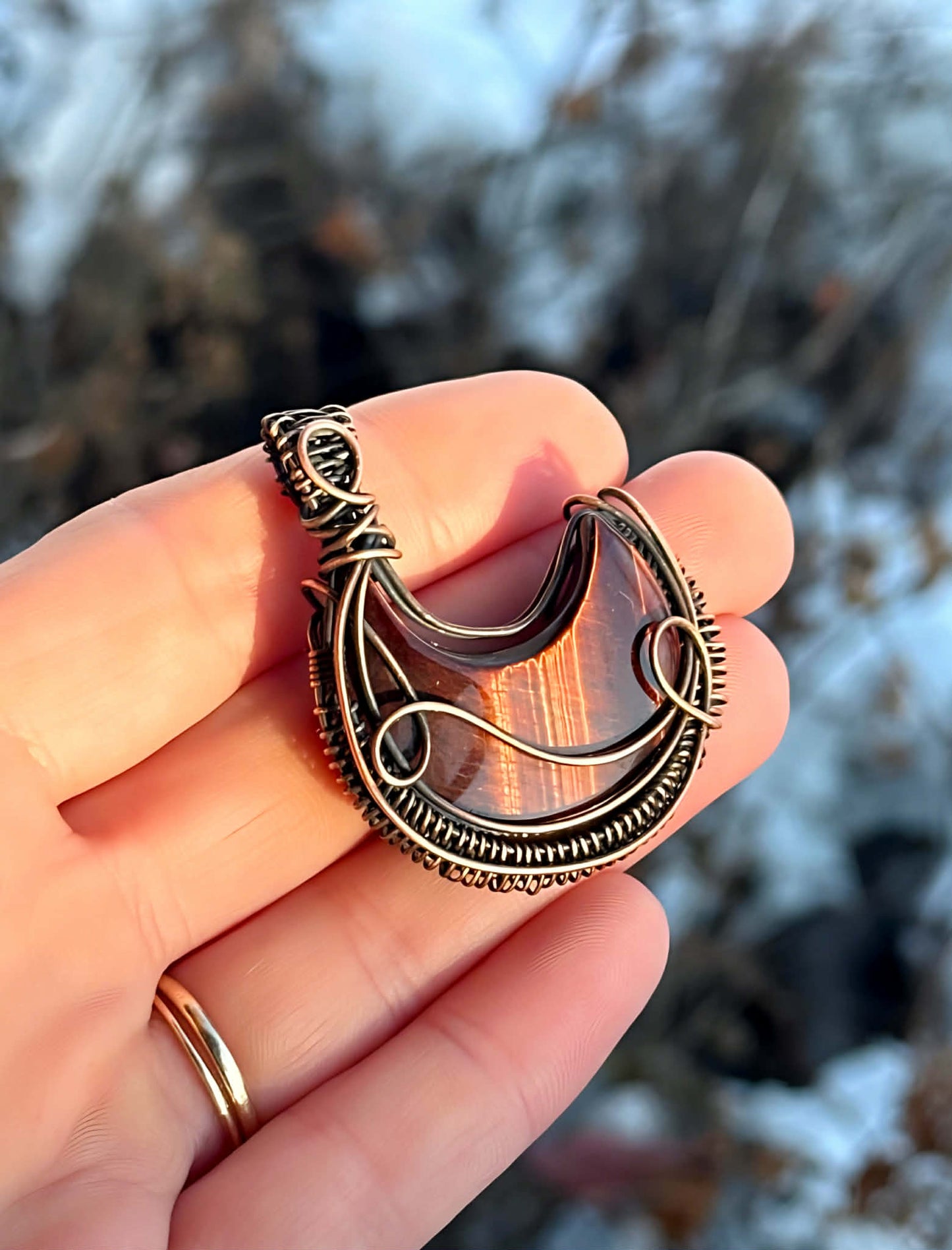 Crescent Moon Red Tigers Eye Crystal Copper Pendant