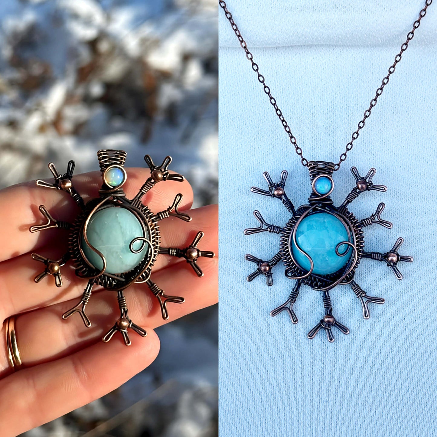 Snowflake Blue Jade & Opal Crystal Copper Pendant