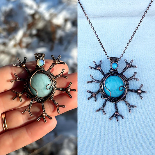 Snowflake Blue Jade & Opal Crystal Copper Pendant