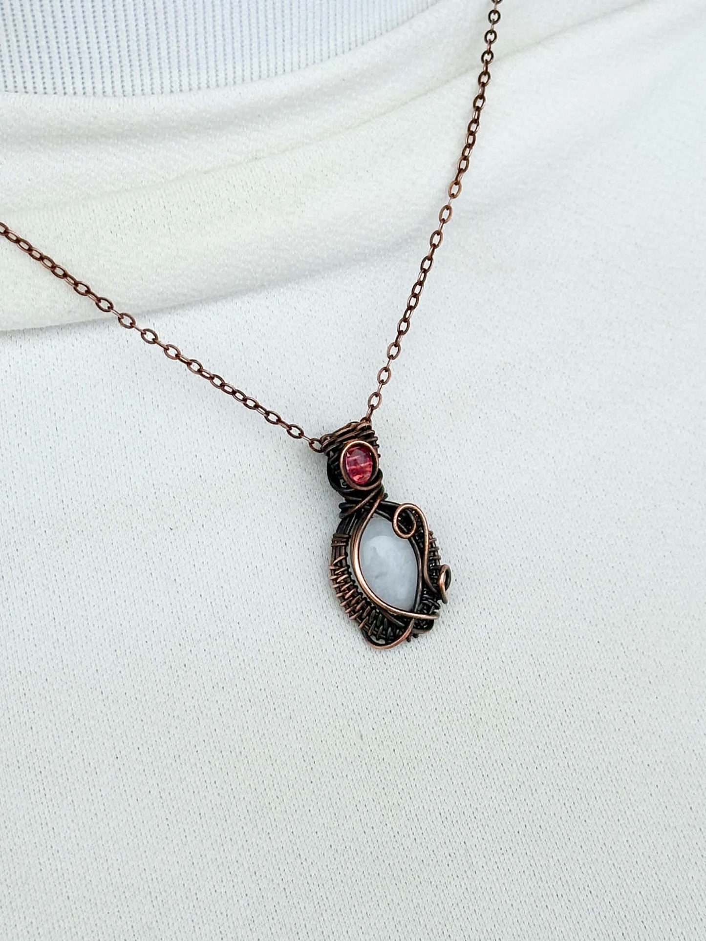 Mini White Jade & Tourmaline Accent Crystal Copper Pendant