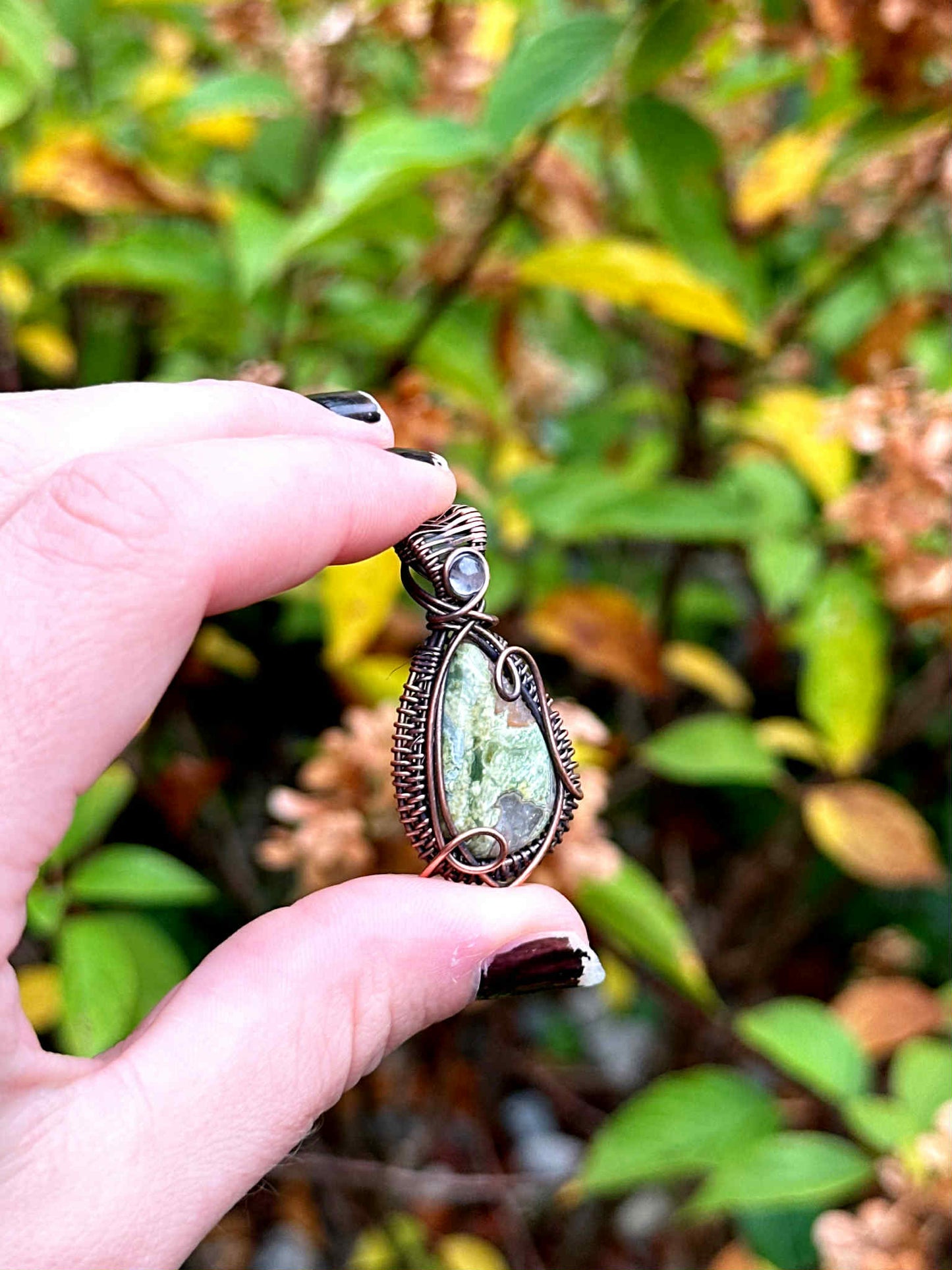 Rainforest Jasper & Clear Quartz Accent Crystal Copper Pendant