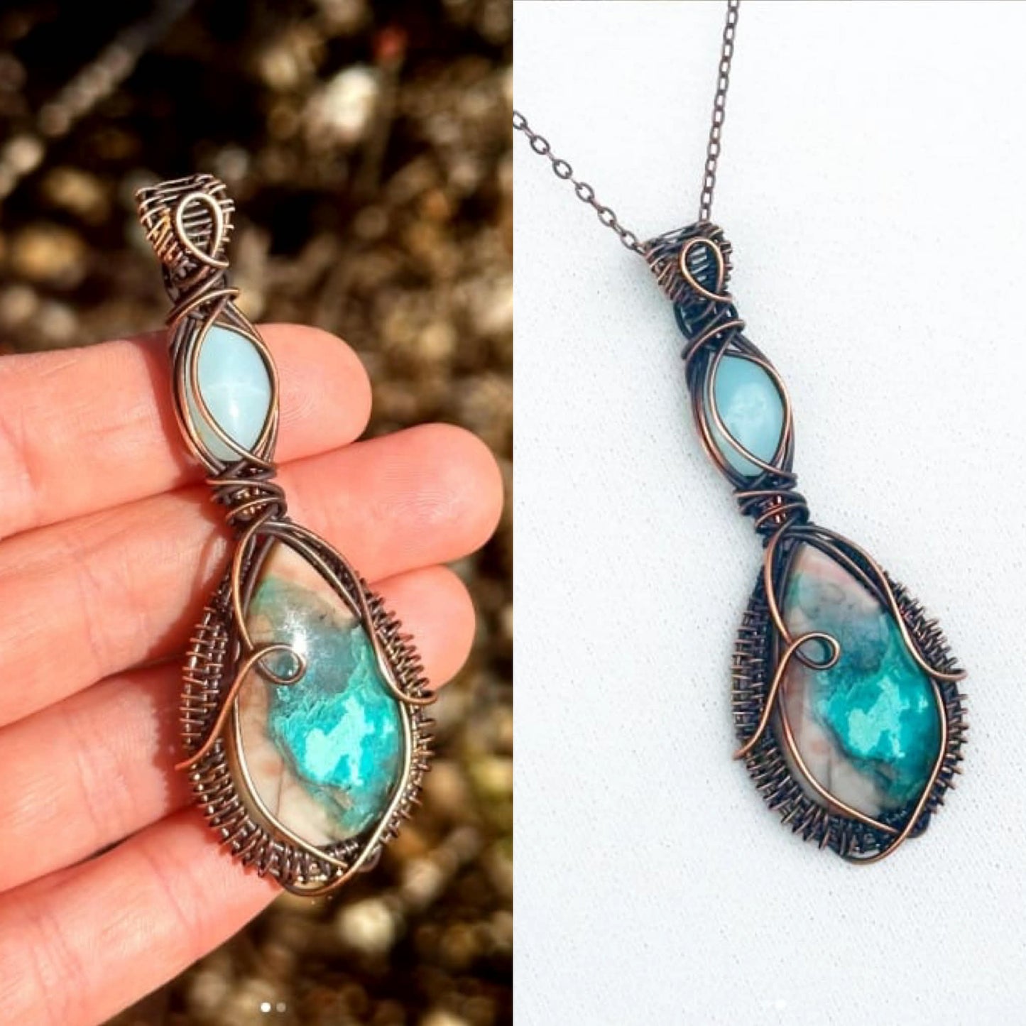 Double Chyroprase & Amazonite Crystal Copper Pendant