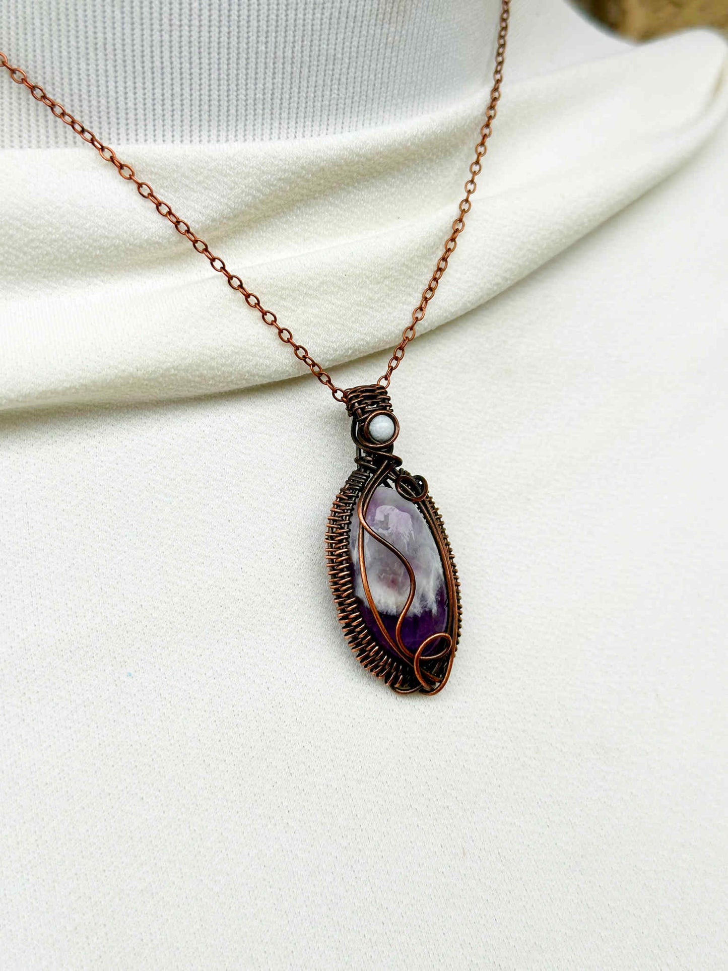 Amethyst Chevron & White Jade Accent Crystal Copper Pendant