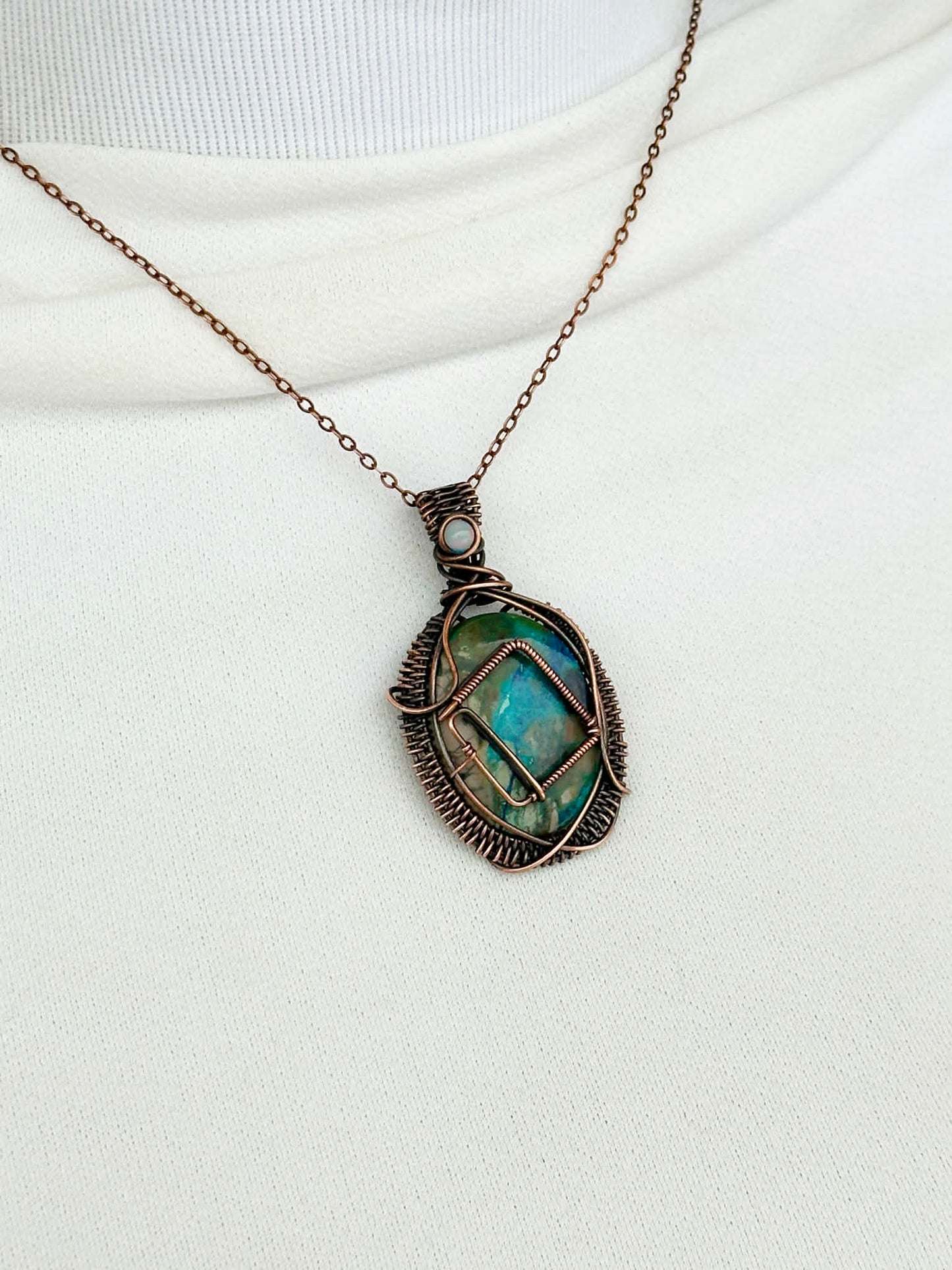 Novel Chrysoprase & Opal Crystal Copper Pendant