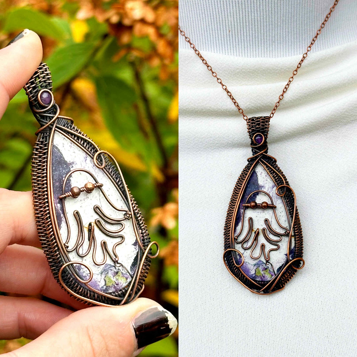 Ghost Kammerite & Amethyst Crystal Copper Pendant