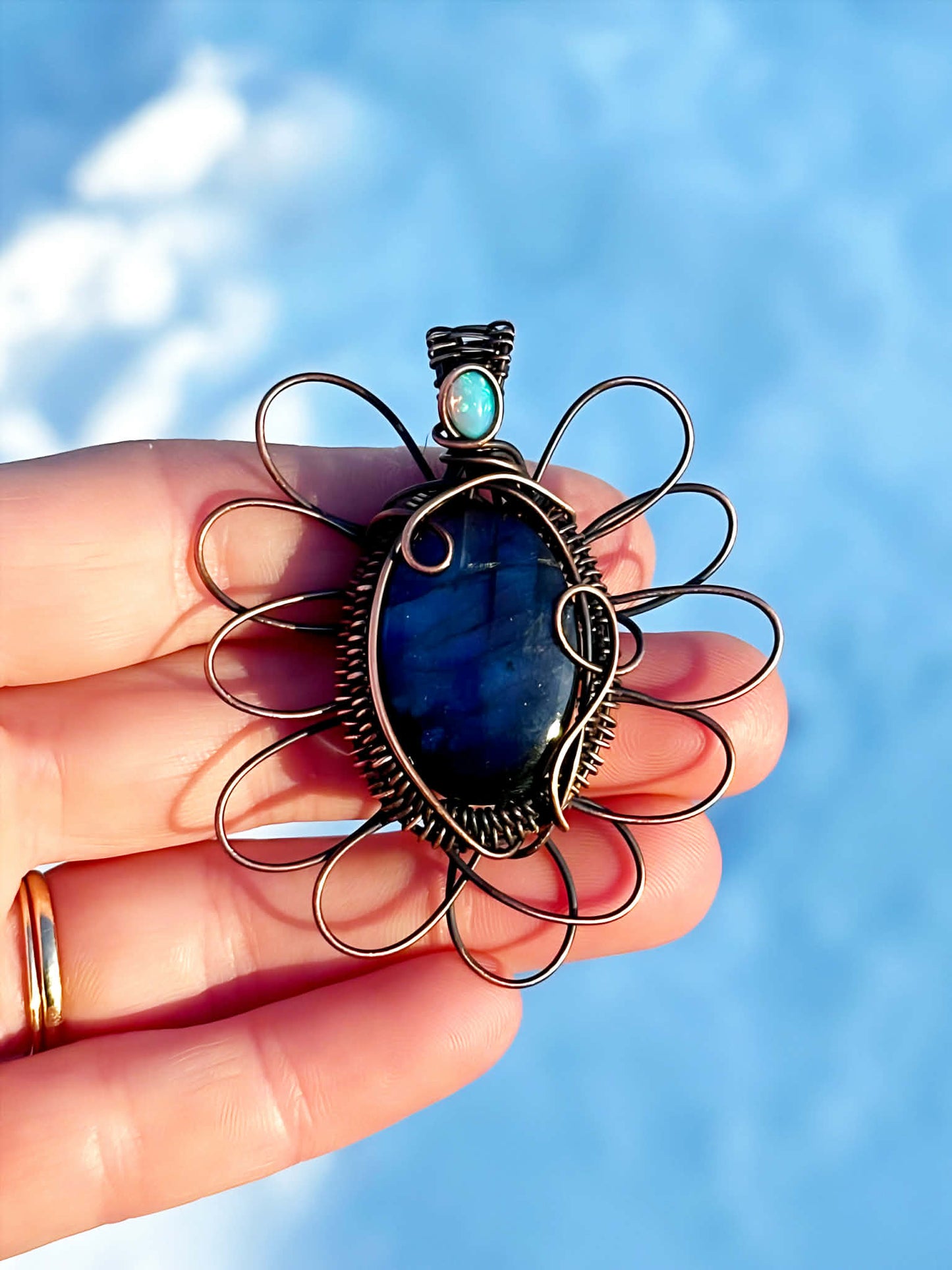 Winter Blue Flax Flower Labradorite & Opal Crystal Copper Pendant