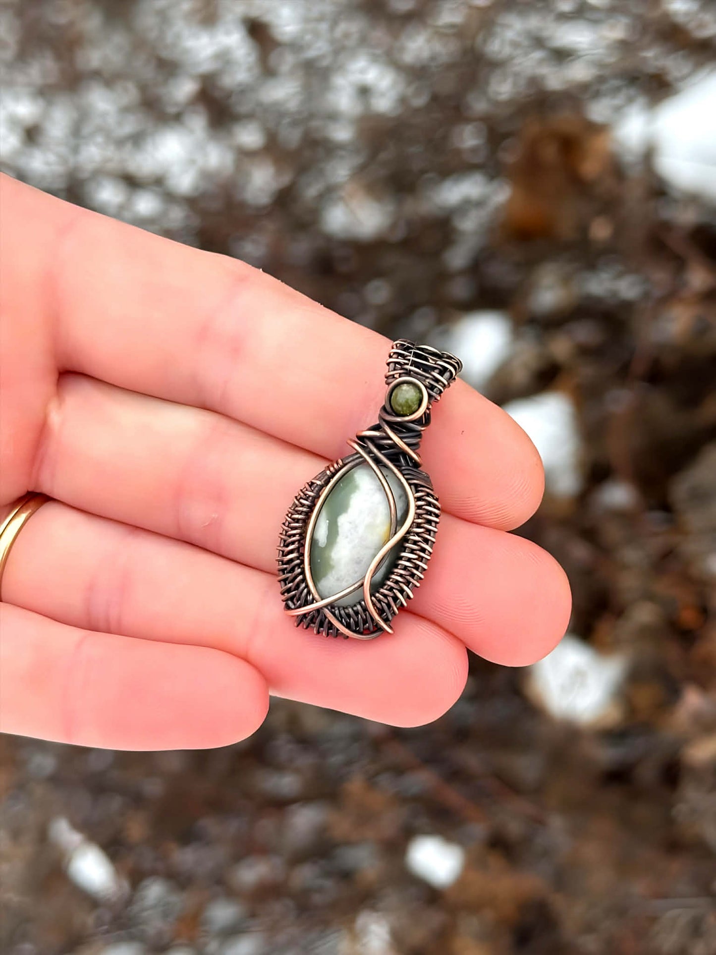 Mini Green Spotted Jasper & Green Aventurine Crystal Copper Pendant