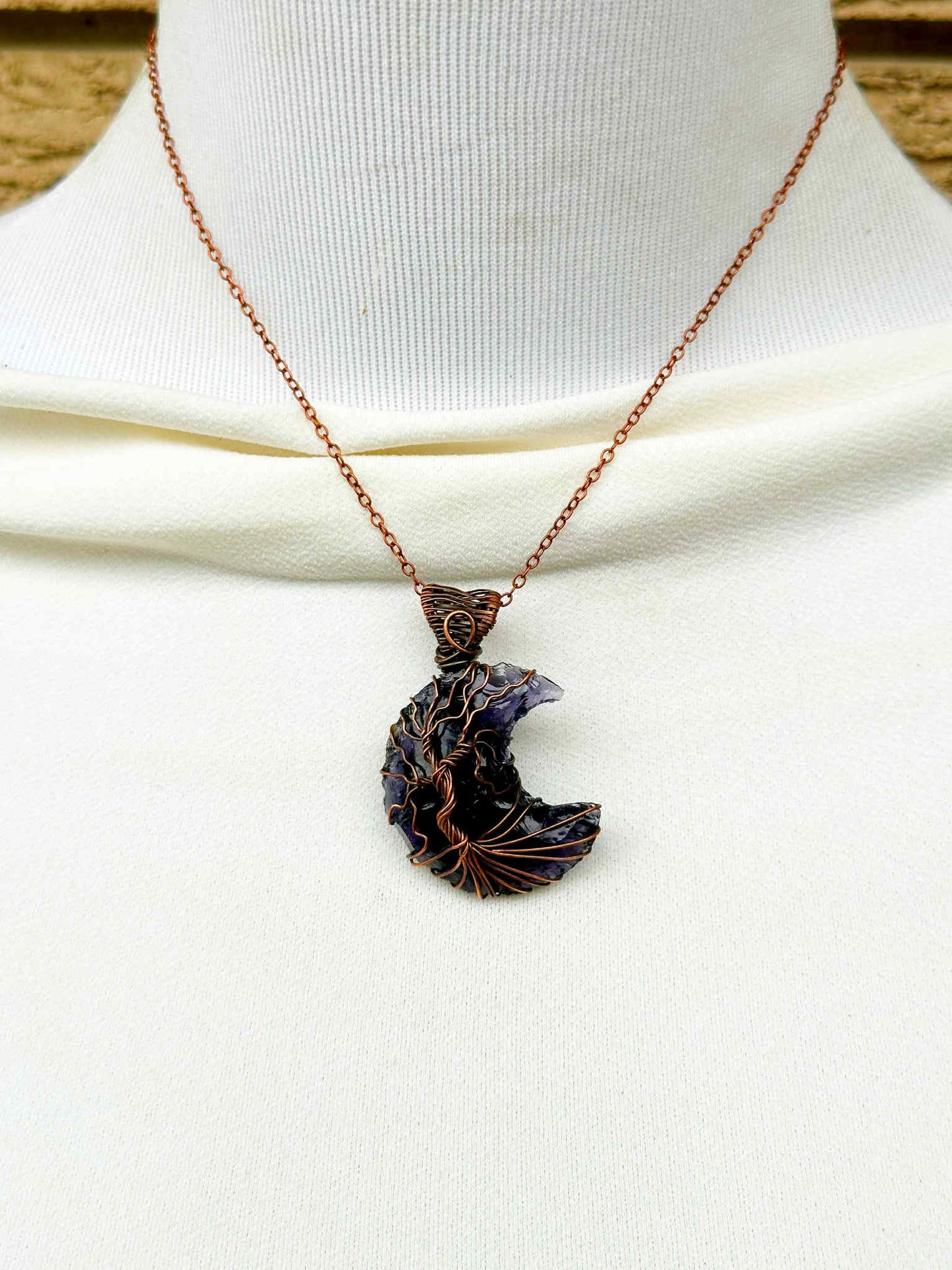 Tree Of Life Crescent Moon Amethyst Crystal Copper Pendant