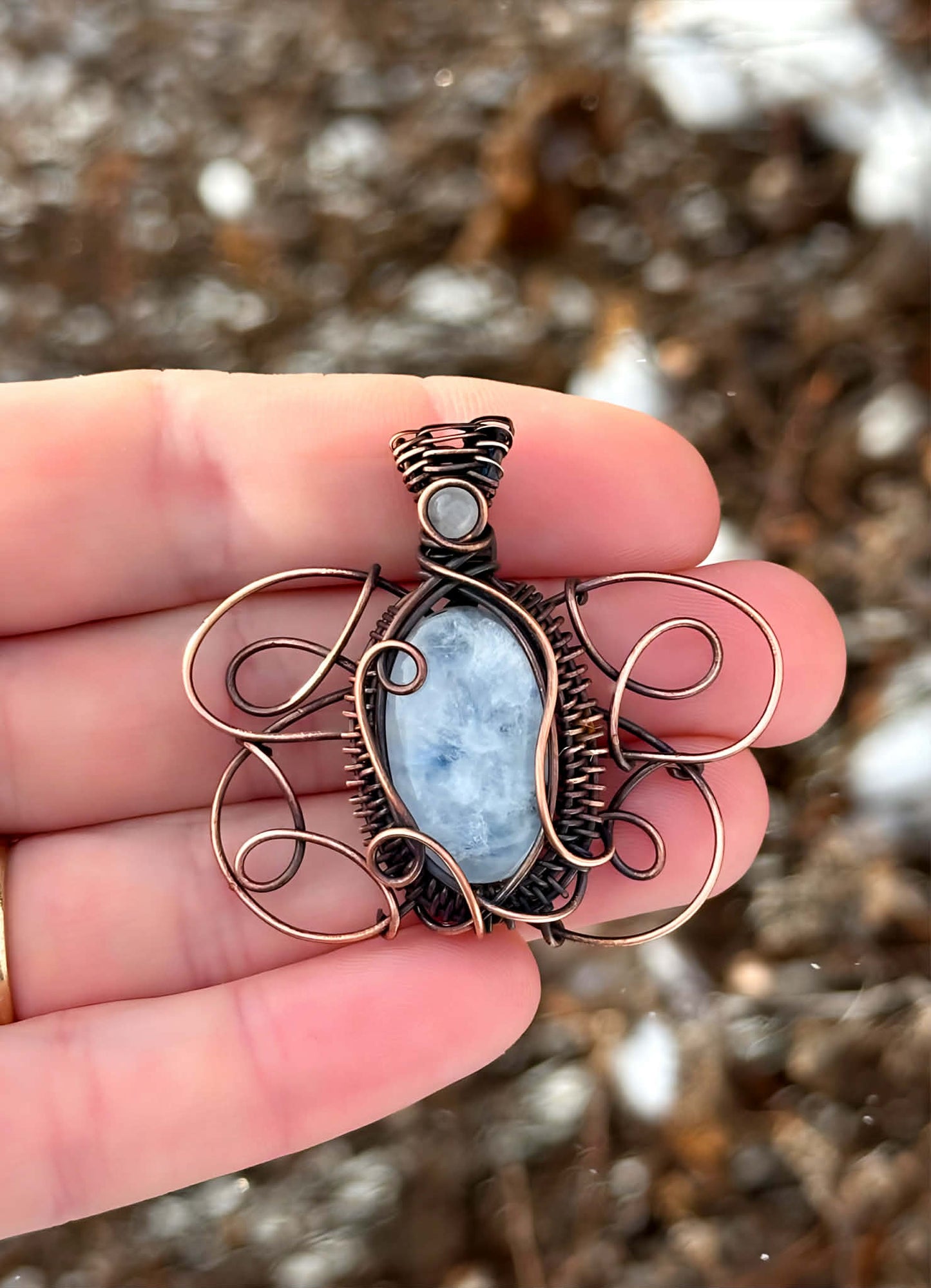 White Ermine Moth Symbol Rainbow Moonstone & Clear Quartz Accent Crystal Copper Pendant