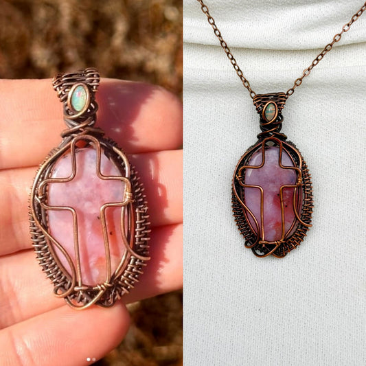 Cross Pink Opal & Opal Accent Crystal Copper Pendant