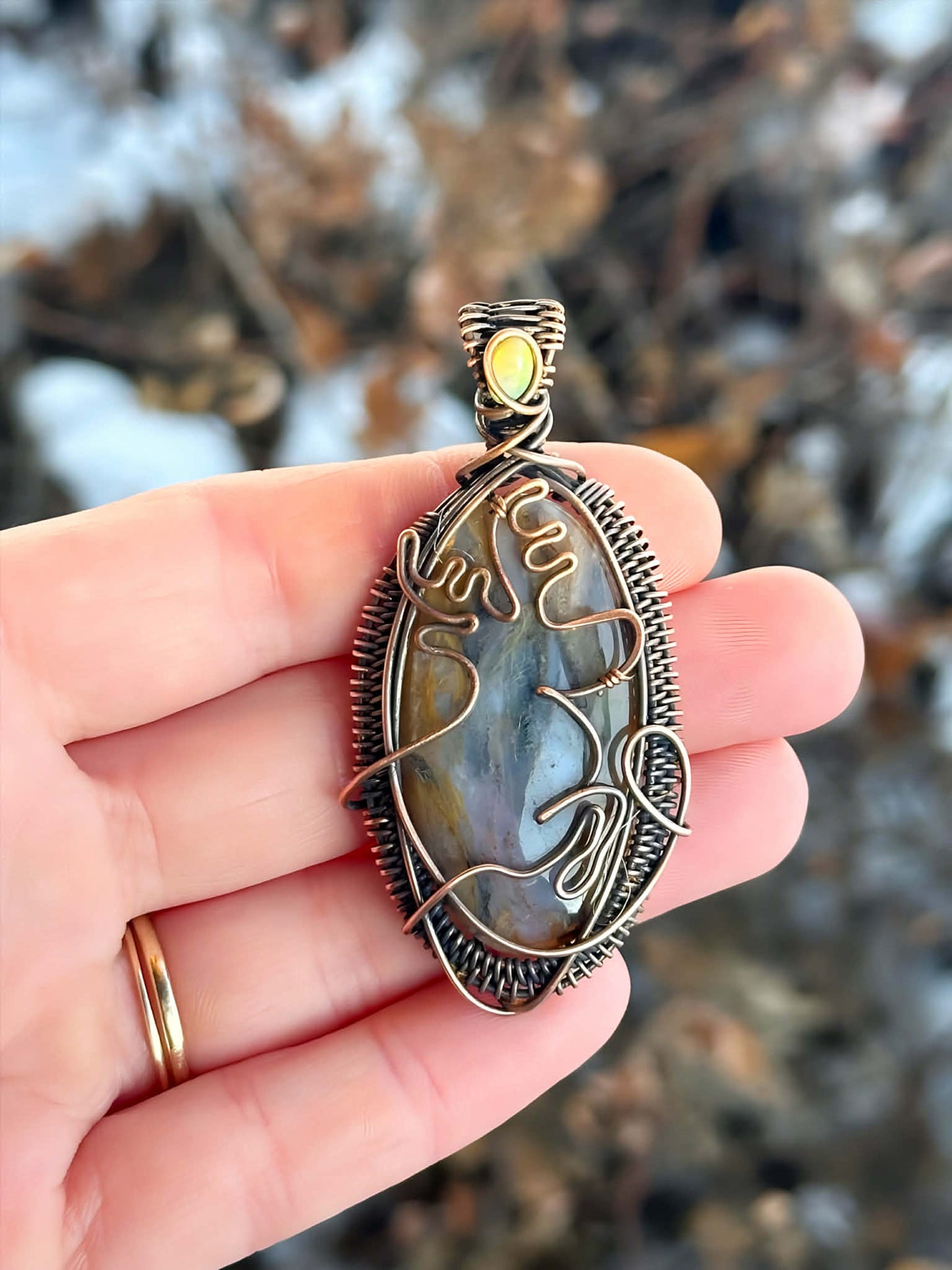 Reindeer Moss Agate & Opal Accent Crystal Copper Pendant