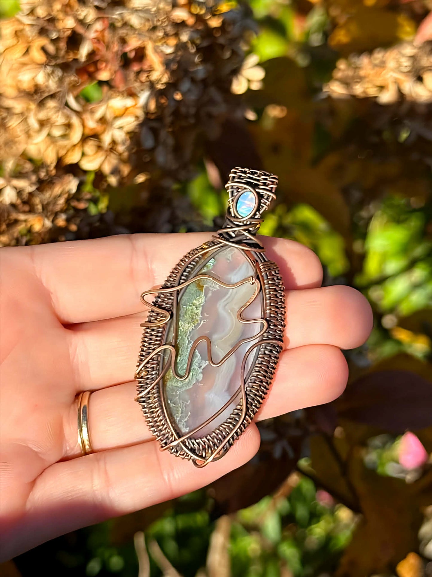 Wolf Moss Agate & Opal Crystal Copper Pendant