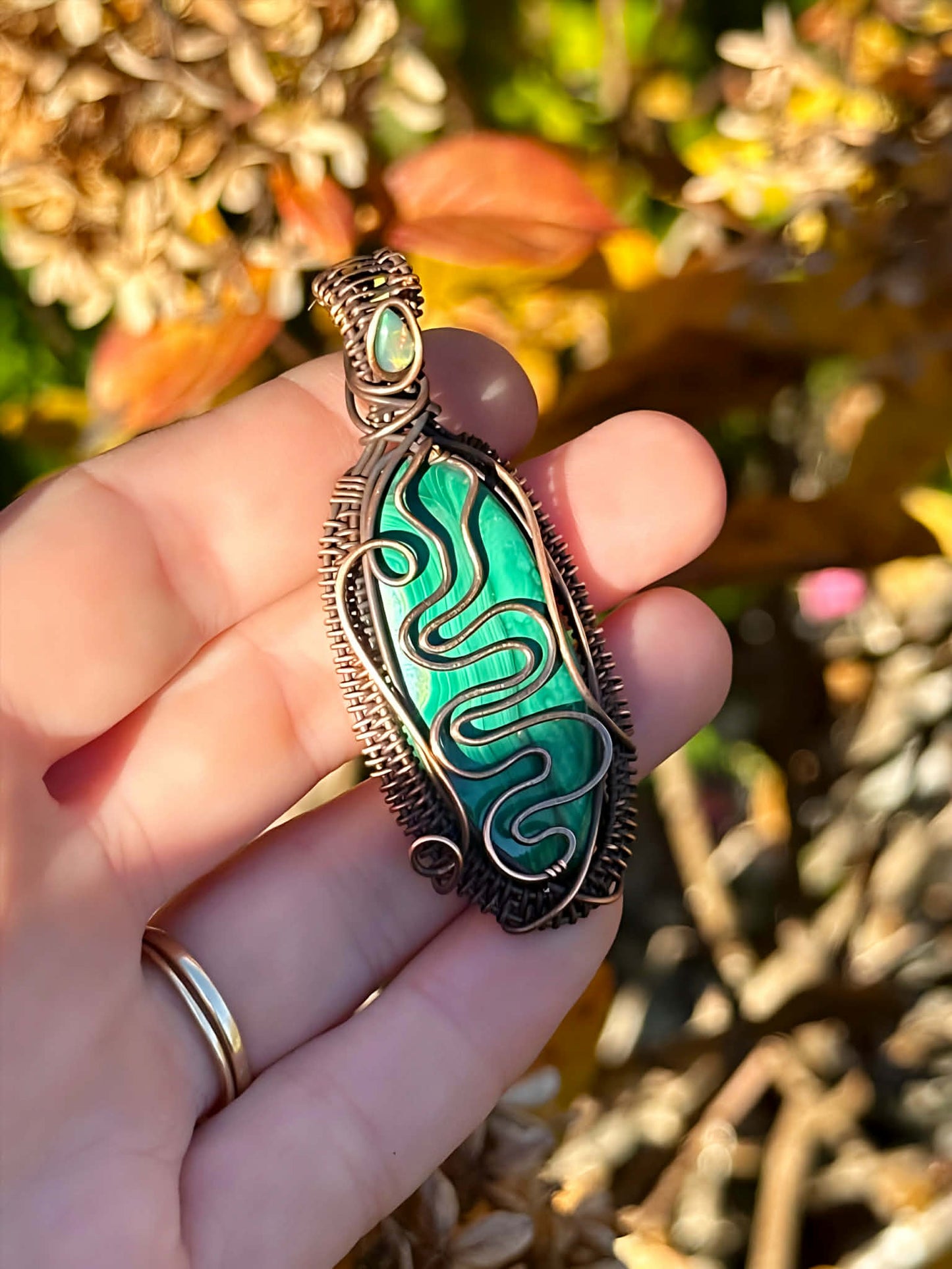 Serpent Malachite & Opal Accent Crystal Copper Pendant