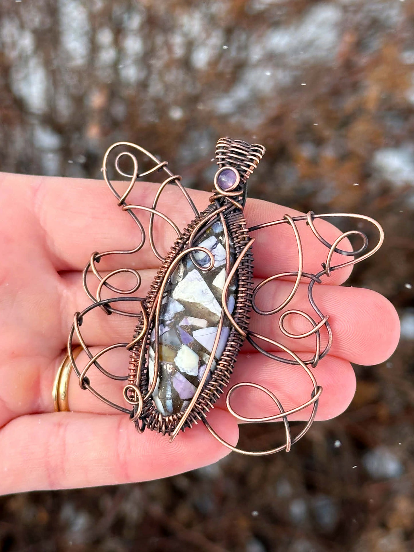 Butterfly Tiffany Copper & Amethyst Accent Crystal Copper Pendant
