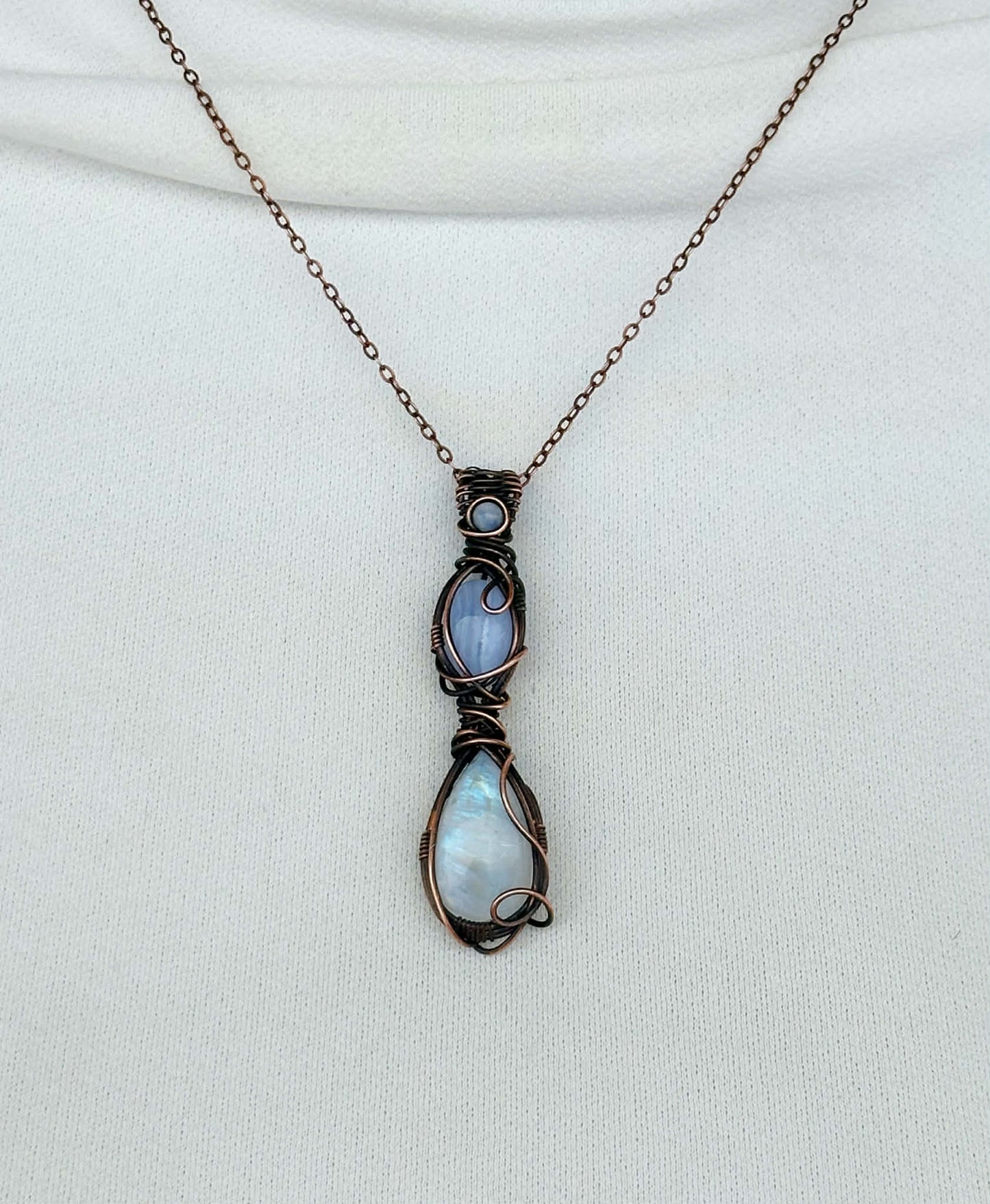 Triple Blue Lace Agate & Rainbow Moonstone with White Jade Accent Crystal Copper Pendant