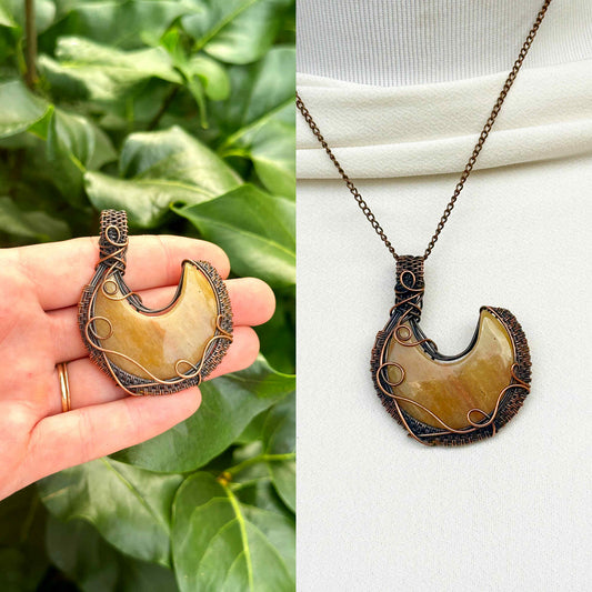 Crescent Moon Chalcedony Crystal Copper Pendant