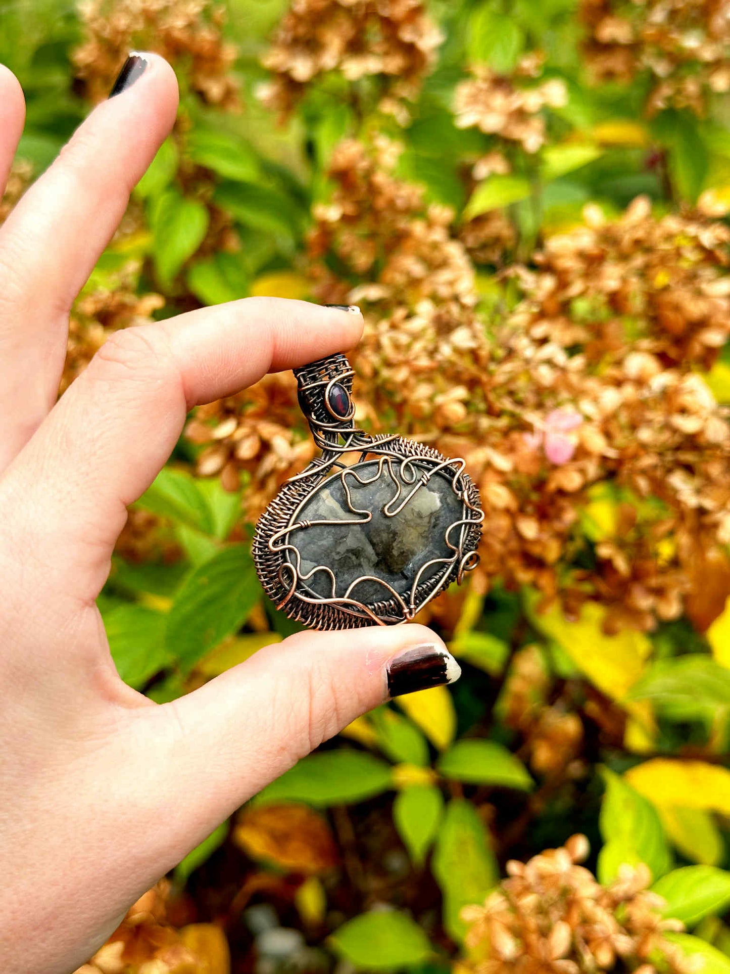 Bat Black Cobalt & Black Mexican Opal Crystal Copper Pendant