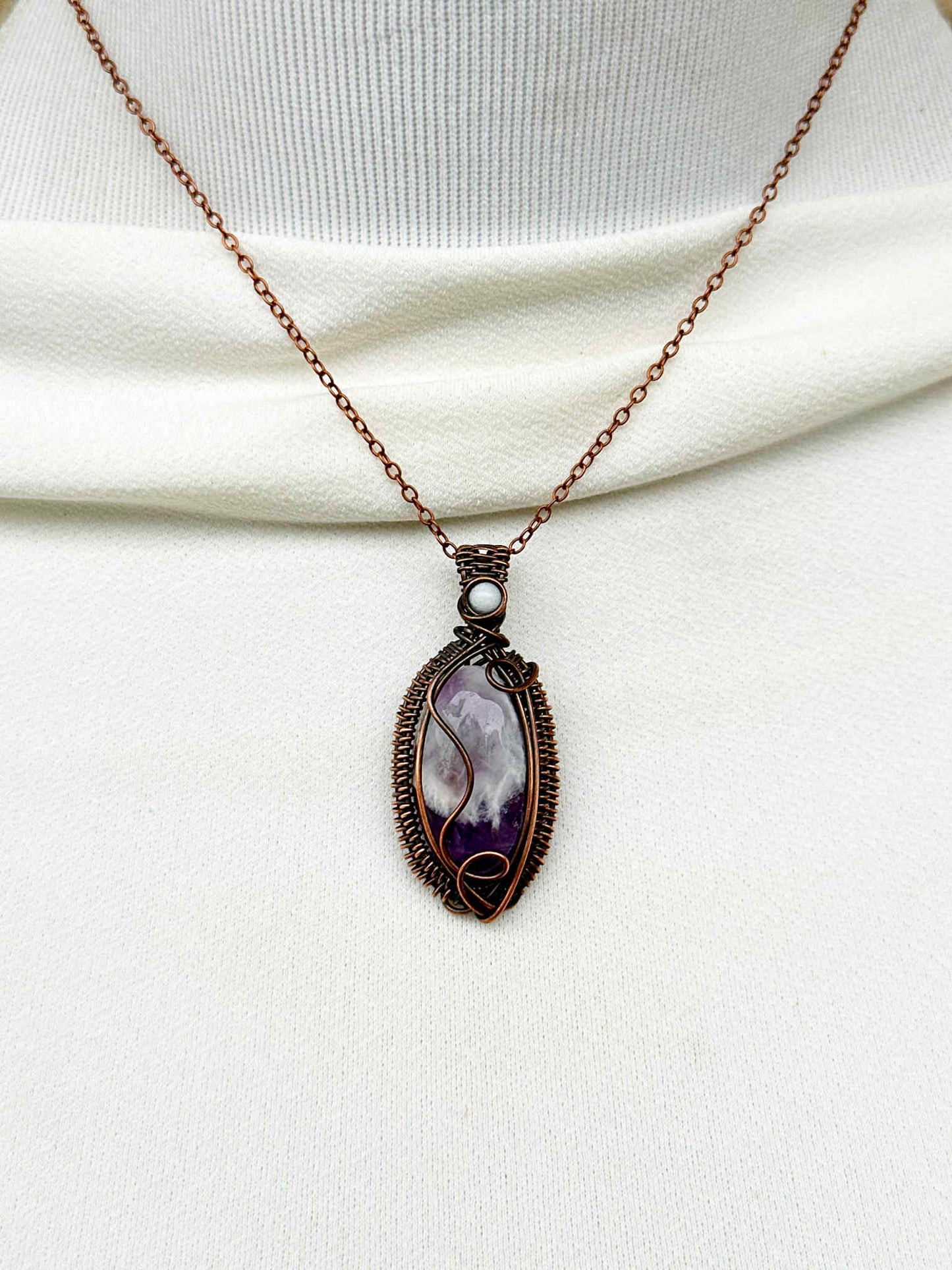 Amethyst Chevron & White Jade Accent Crystal Copper Pendant