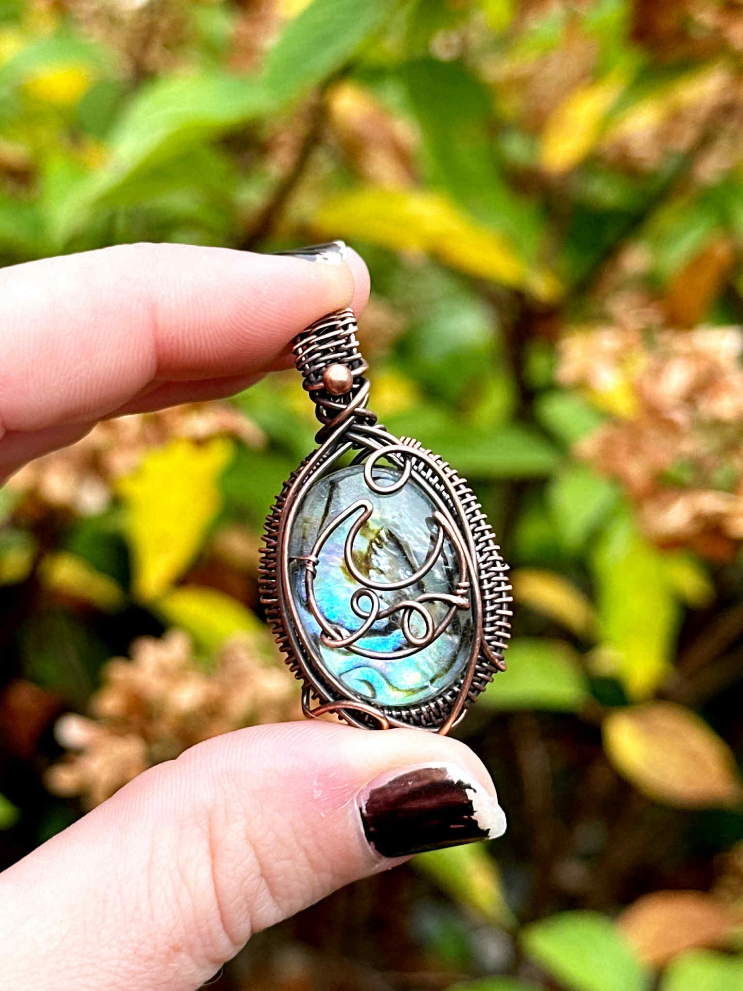Crescent Moon Abalone Shell Crystal Copper Pendant