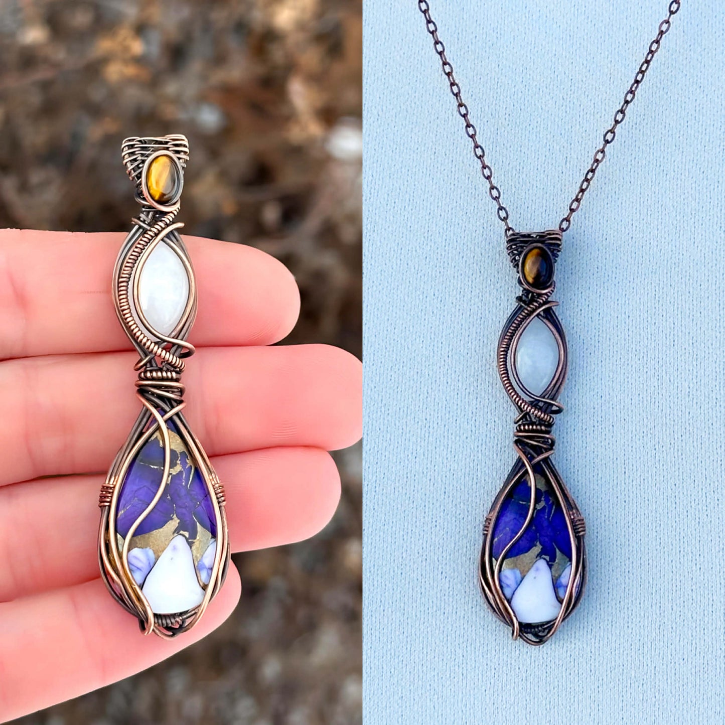 Triple Purple Copper, White Jade & Tiger’s Eye Accent Crystal Copper Pendant