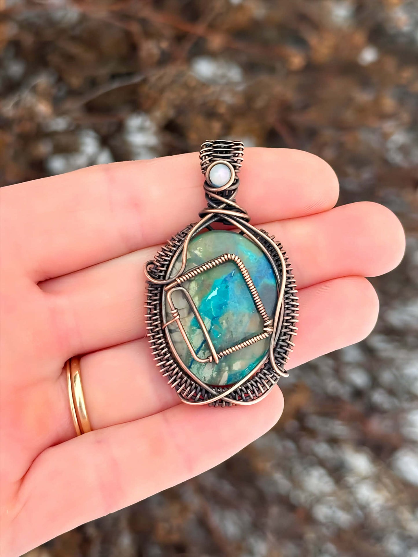 Novel Chrysoprase & Opal Crystal Copper Pendant