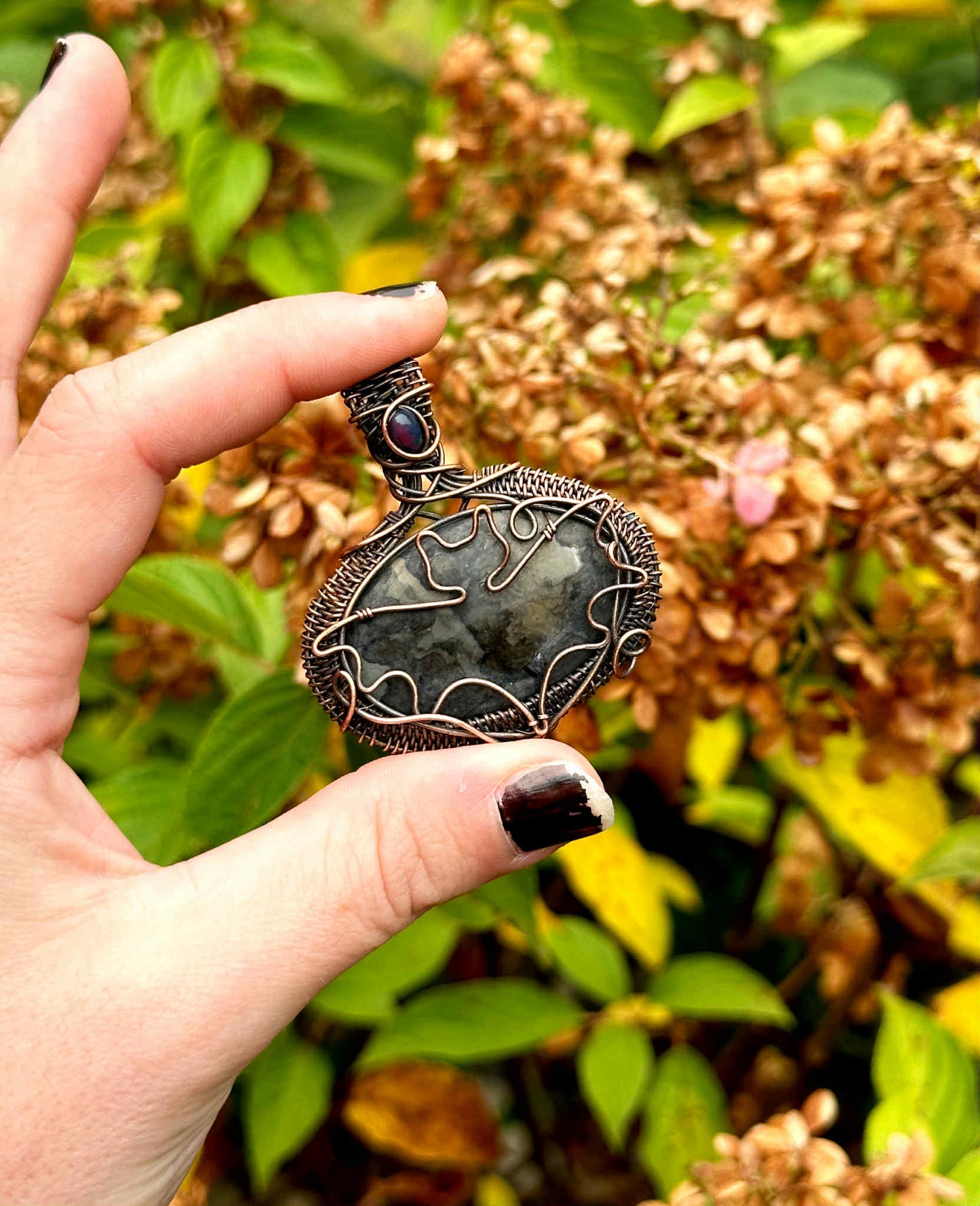 Bat Black Cobalt & Black Mexican Opal Crystal Copper Pendant