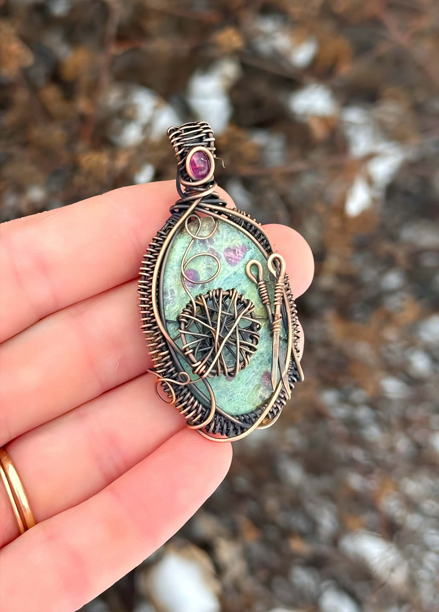 Knitting Ruby Zoisite & Pink Tourmaline Crystal Copper Pendant