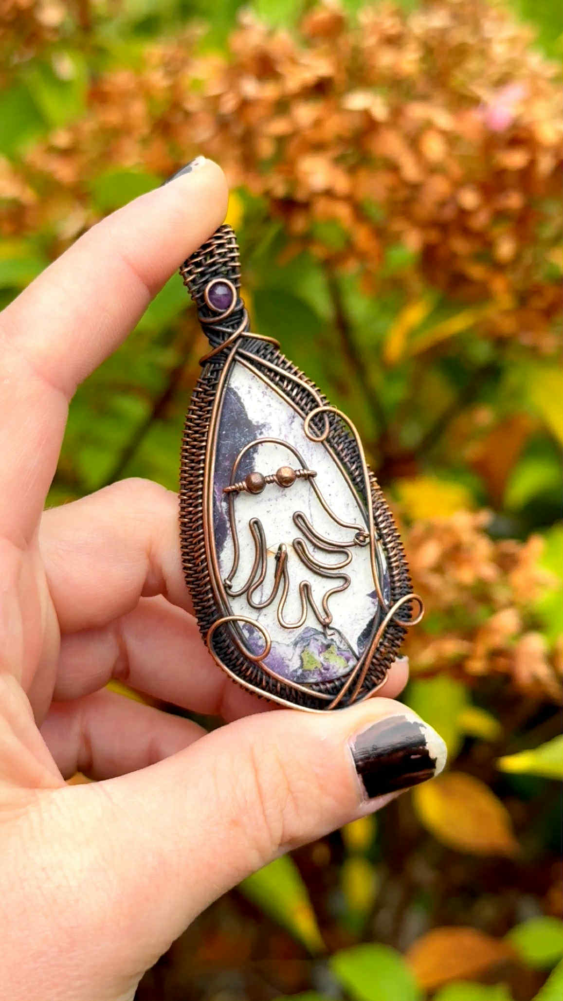 Ghost Kammerite & Amethyst Crystal Copper Pendant